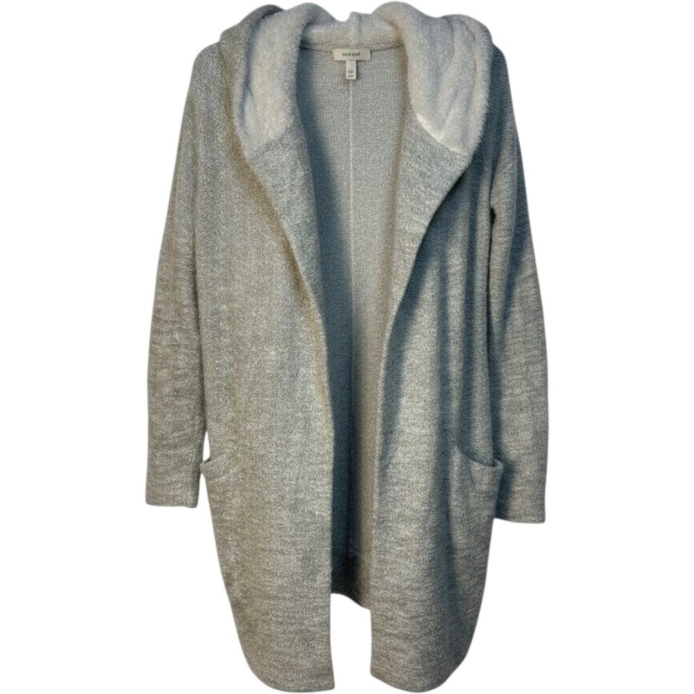 LOFT Cardigan Women Grey Faux Fur Hooded Open Front Textured Fall Loungewear M